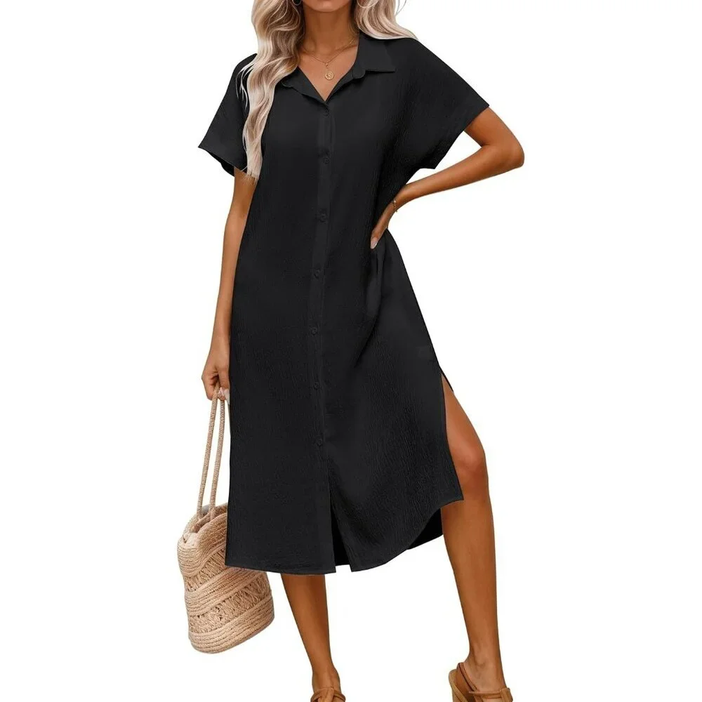 Women's Black Button Down Bathing Short Sleeve Swimsuit Cover Up Beach Dress
